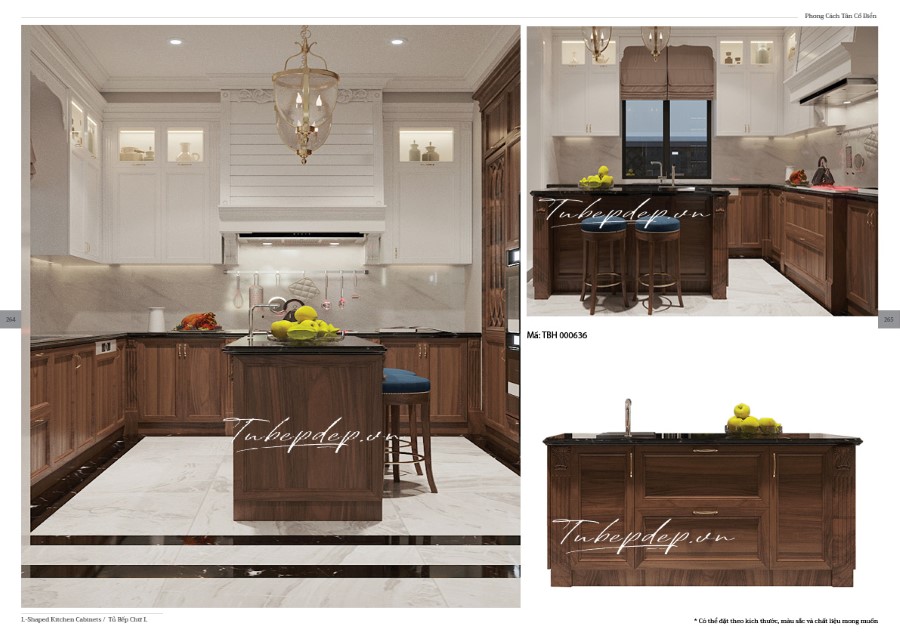 Thiết kế phòng bếp biệt thự tân cổ điển gỗ óc chó